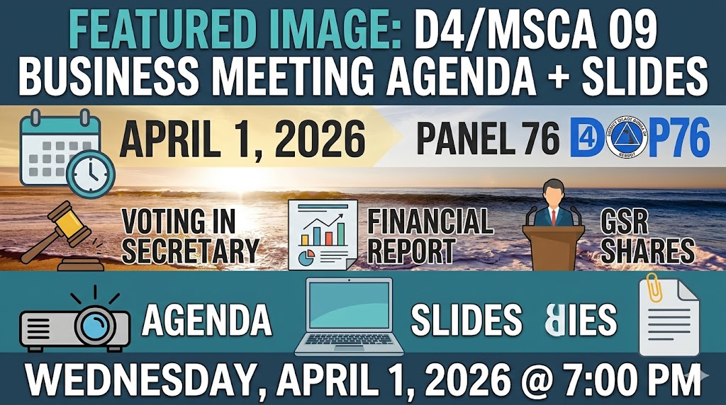 Agenda + Slides for April 1, 2026, D4/MSCA09 Business Meeting